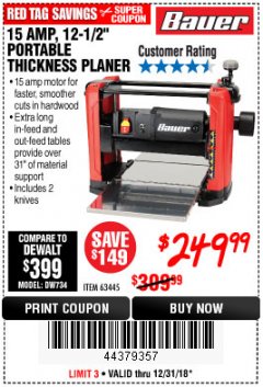 Harbor Freight Coupon BAUER 15 AMP 12 1/2" PORTABLE THICKNESS PLANER Lot No. 63445 Expired: 12/31/18 - $249.99