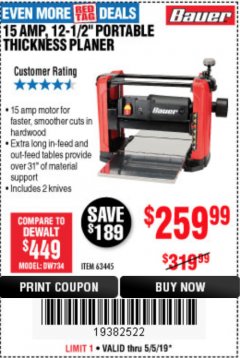 Harbor Freight Coupon BAUER 15 AMP 12 1/2" PORTABLE THICKNESS PLANER Lot No. 63445 Expired: 5/5/19 - $259.99