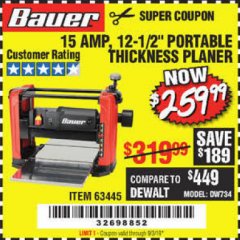 Harbor Freight Coupon BAUER 15 AMP 12 1/2" PORTABLE THICKNESS PLANER Lot No. 63445 Expired: 9/3/19 - $259.99