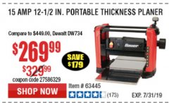 Harbor Freight Coupon BAUER 15 AMP 12 1/2" PORTABLE THICKNESS PLANER Lot No. 63445 Expired: 7/7/19 - $269.99