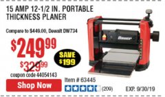Harbor Freight Coupon BAUER 15 AMP 12 1/2" PORTABLE THICKNESS PLANER Lot No. 63445 Expired: 9/30/19 - $249.99