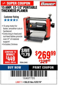 Harbor Freight Coupon BAUER 15 AMP 12 1/2" PORTABLE THICKNESS PLANER Lot No. 63445 Expired: 9/22/19 - $269.99