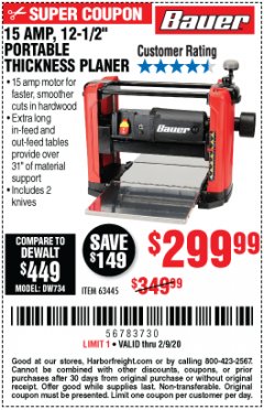 Harbor Freight Coupon BAUER 15 AMP 12 1/2" PORTABLE THICKNESS PLANER Lot No. 63445 Expired: 2/9/20 - $299.99