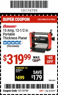 Harbor Freight Coupon BAUER 15 AMP 12 1/2" PORTABLE THICKNESS PLANER Lot No. 63445 Expired: 6/19/22 - $319.99
