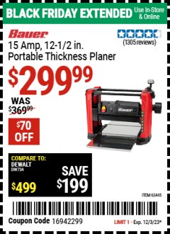 Harbor Freight Coupon BAUER 15 AMP 12 1/2" PORTABLE THICKNESS PLANER Lot No. 63445 Expired: 12/3/23 - $299.99