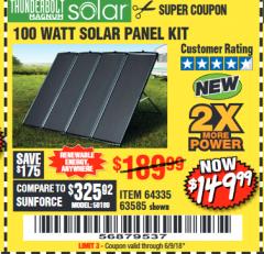 Harbor Freight Coupon THUNDERBOLT SOLAR 100 WATT AMORPHOUS SOLAR PANEL KIT Lot No. 63585 Expired: 6/9/18 - $149.99