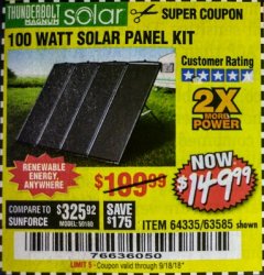 Harbor Freight Coupon THUNDERBOLT SOLAR 100 WATT AMORPHOUS SOLAR PANEL KIT Lot No. 63585 Expired: 9/18/18 - $149.99