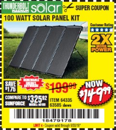 Harbor Freight Coupon THUNDERBOLT SOLAR 100 WATT AMORPHOUS SOLAR PANEL KIT Lot No. 63585 Expired: 9/30/18 - $149.99