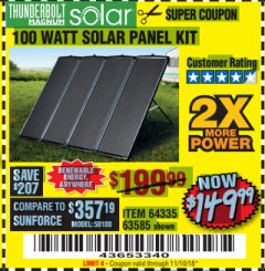 Harbor Freight Coupon THUNDERBOLT SOLAR 100 WATT AMORPHOUS SOLAR PANEL KIT Lot No. 63585 Expired: 11/10/18 - $149.99