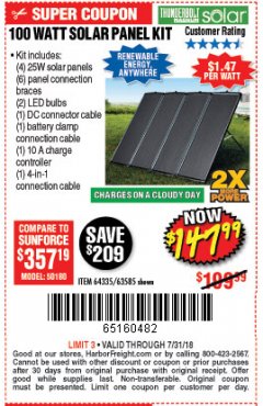 Harbor Freight Coupon THUNDERBOLT SOLAR 100 WATT AMORPHOUS SOLAR PANEL KIT Lot No. 63585 Expired: 7/31/18 - $147.99
