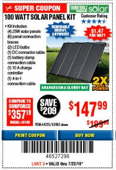 Harbor Freight Coupon THUNDERBOLT SOLAR 100 WATT AMORPHOUS SOLAR PANEL KIT Lot No. 63585 Expired: 7/22/18 - $147.99