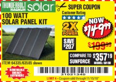 Harbor Freight Coupon THUNDERBOLT SOLAR 100 WATT AMORPHOUS SOLAR PANEL KIT Lot No. 63585 Expired: 11/15/18 - $149.99