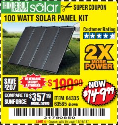 Harbor Freight Coupon THUNDERBOLT SOLAR 100 WATT AMORPHOUS SOLAR PANEL KIT Lot No. 63585 Expired: 11/16/18 - $149.99