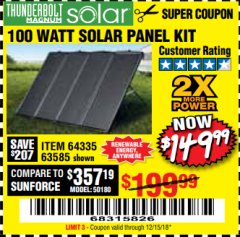 Harbor Freight Coupon THUNDERBOLT SOLAR 100 WATT AMORPHOUS SOLAR PANEL KIT Lot No. 63585 Expired: 12/15/18 - $149.99