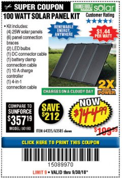 Harbor Freight Coupon THUNDERBOLT SOLAR 100 WATT AMORPHOUS SOLAR PANEL KIT Lot No. 63585 Expired: 9/30/18 - $144.99
