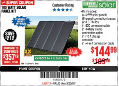 Harbor Freight Coupon THUNDERBOLT SOLAR 100 WATT AMORPHOUS SOLAR PANEL KIT Lot No. 63585 Expired: 9/23/18 - $144.99