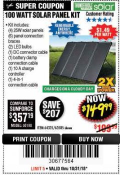 Harbor Freight Coupon THUNDERBOLT SOLAR 100 WATT AMORPHOUS SOLAR PANEL KIT Lot No. 63585 Expired: 10/31/18 - $149.99