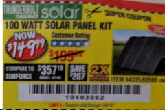 Harbor Freight Coupon THUNDERBOLT SOLAR 100 WATT AMORPHOUS SOLAR PANEL KIT Lot No. 63585 Expired: 1/4/19 - $149.99