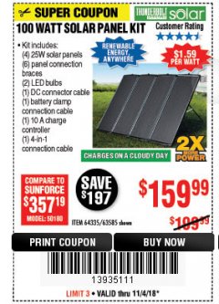 Harbor Freight Coupon THUNDERBOLT SOLAR 100 WATT AMORPHOUS SOLAR PANEL KIT Lot No. 63585 Expired: 11/4/18 - $159.99