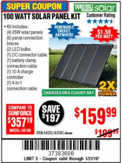 Harbor Freight Coupon THUNDERBOLT SOLAR 100 WATT AMORPHOUS SOLAR PANEL KIT Lot No. 63585 Expired: 1/21/19 - $159.99