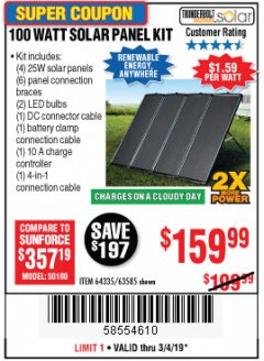 Harbor Freight Coupon THUNDERBOLT SOLAR 100 WATT AMORPHOUS SOLAR PANEL KIT Lot No. 63585 Expired: 3/4/19 - $159.99