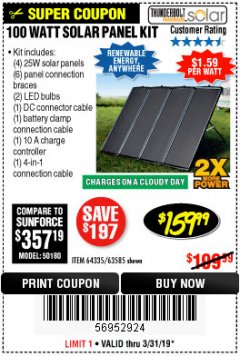 Harbor Freight Coupon THUNDERBOLT SOLAR 100 WATT AMORPHOUS SOLAR PANEL KIT Lot No. 63585 Expired: 3/31/19 - $159.99