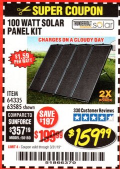 Harbor Freight Coupon THUNDERBOLT SOLAR 100 WATT AMORPHOUS SOLAR PANEL KIT Lot No. 63585 Expired: 3/31/19 - $159.99