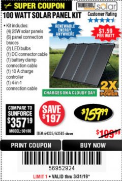 Harbor Freight Coupon THUNDERBOLT SOLAR 100 WATT AMORPHOUS SOLAR PANEL KIT Lot No. 63585 Expired: 3/31/19 - $159.99