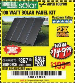 Harbor Freight Coupon THUNDERBOLT SOLAR 100 WATT AMORPHOUS SOLAR PANEL KIT Lot No. 63585 Expired: 7/1/19 - $149.99