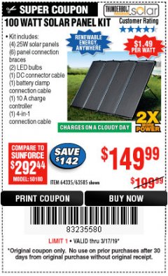 Harbor Freight Coupon THUNDERBOLT SOLAR 100 WATT AMORPHOUS SOLAR PANEL KIT Lot No. 63585 Expired: 3/17/19 - $149.99