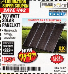 Harbor Freight Coupon THUNDERBOLT SOLAR 100 WATT AMORPHOUS SOLAR PANEL KIT Lot No. 63585 Expired: 5/31/19 - $149.99