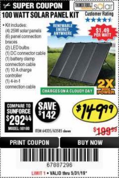 Harbor Freight Coupon THUNDERBOLT SOLAR 100 WATT AMORPHOUS SOLAR PANEL KIT Lot No. 63585 Expired: 5/31/19 - $149.99