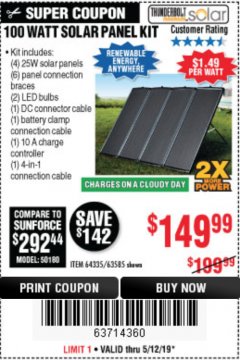 Harbor Freight Coupon THUNDERBOLT SOLAR 100 WATT AMORPHOUS SOLAR PANEL KIT Lot No. 63585 Expired: 5/12/19 - $149.99