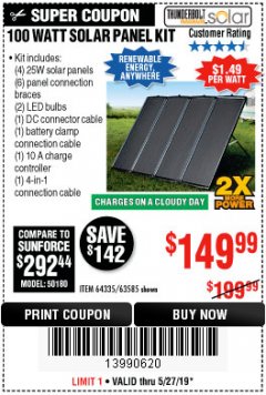 Harbor Freight Coupon THUNDERBOLT SOLAR 100 WATT AMORPHOUS SOLAR PANEL KIT Lot No. 63585 Expired: 5/27/19 - $149.99