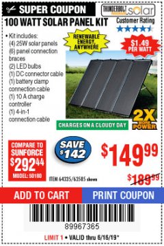 Harbor Freight Coupon THUNDERBOLT SOLAR 100 WATT AMORPHOUS SOLAR PANEL KIT Lot No. 63585 Expired: 6/16/19 - $149.99