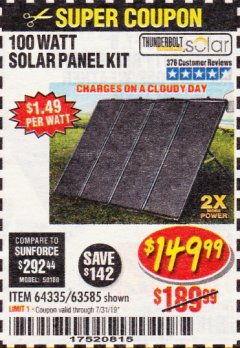 Harbor Freight Coupon THUNDERBOLT SOLAR 100 WATT AMORPHOUS SOLAR PANEL KIT Lot No. 63585 Expired: 7/31/19 - $149.99