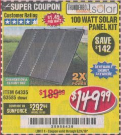Harbor Freight Coupon THUNDERBOLT SOLAR 100 WATT AMORPHOUS SOLAR PANEL KIT Lot No. 63585 Expired: 8/24/19 - $149.99