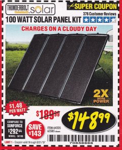 Harbor Freight Coupon THUNDERBOLT SOLAR 100 WATT AMORPHOUS SOLAR PANEL KIT Lot No. 63585 Expired: 8/31/19 - $148.99