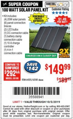 Harbor Freight Coupon THUNDERBOLT SOLAR 100 WATT AMORPHOUS SOLAR PANEL KIT Lot No. 63585 Expired: 10/5/19 - $149.99