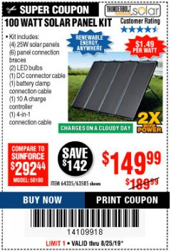 Harbor Freight Coupon THUNDERBOLT SOLAR 100 WATT AMORPHOUS SOLAR PANEL KIT Lot No. 63585 Expired: 8/25/19 - $149.99