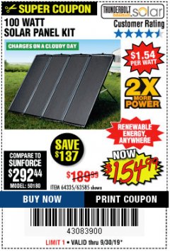 Harbor Freight Coupon THUNDERBOLT SOLAR 100 WATT AMORPHOUS SOLAR PANEL KIT Lot No. 63585 Expired: 9/30/19 - $154.99