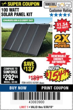 Harbor Freight Coupon THUNDERBOLT SOLAR 100 WATT AMORPHOUS SOLAR PANEL KIT Lot No. 63585 Expired: 9/30/19 - $154.99
