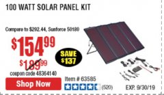 Harbor Freight Coupon THUNDERBOLT SOLAR 100 WATT AMORPHOUS SOLAR PANEL KIT Lot No. 63585 Expired: 9/30/19 - $154.99