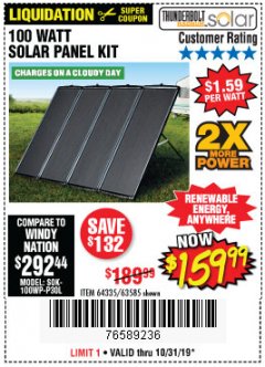 Harbor Freight Coupon THUNDERBOLT SOLAR 100 WATT AMORPHOUS SOLAR PANEL KIT Lot No. 63585 Expired: 10/31/19 - $159.99