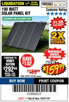 Harbor Freight Coupon THUNDERBOLT SOLAR 100 WATT AMORPHOUS SOLAR PANEL KIT Lot No. 63585 Expired: 10/31/19 - $159.99