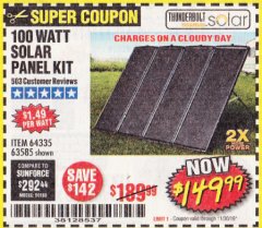 Harbor Freight Coupon THUNDERBOLT SOLAR 100 WATT AMORPHOUS SOLAR PANEL KIT Lot No. 63585 Expired: 11/30/19 - $149.99