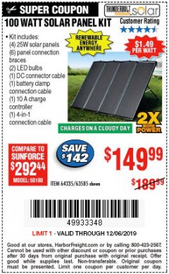 Harbor Freight Coupon THUNDERBOLT SOLAR 100 WATT AMORPHOUS SOLAR PANEL KIT Lot No. 63585 Expired: 12/6/19 - $149.99