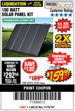 Harbor Freight Coupon THUNDERBOLT SOLAR 100 WATT AMORPHOUS SOLAR PANEL KIT Lot No. 63585 Expired: 11/10/19 - $159.99