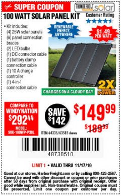 Harbor Freight Coupon THUNDERBOLT SOLAR 100 WATT AMORPHOUS SOLAR PANEL KIT Lot No. 63585 Expired: 11/17/19 - $149.99