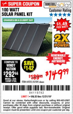 Harbor Freight Coupon THUNDERBOLT SOLAR 100 WATT AMORPHOUS SOLAR PANEL KIT Lot No. 63585 Expired: 12/31/19 - $149.99